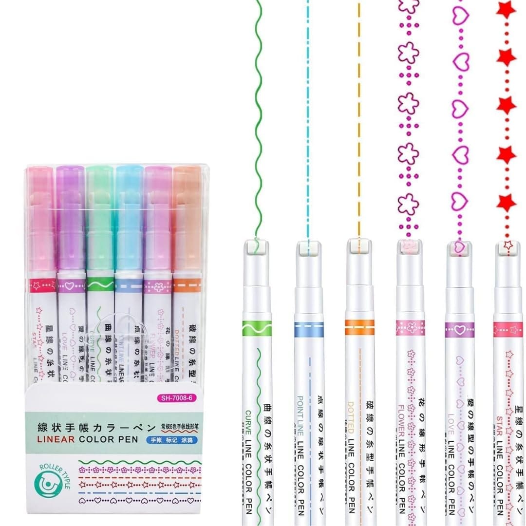 Curve Highlighter Pen Set, 6 Different Curve Shapes Dual Tip Pens, Cute Pattern Colorful Curve Highlighter Pen Writing Markers, For Writing, Drawing - image 4