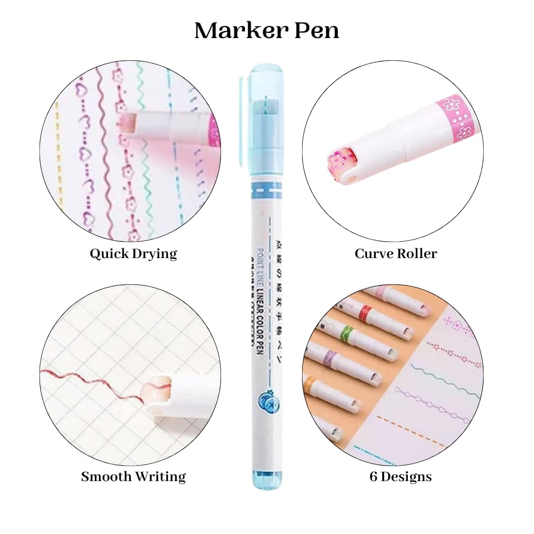 Curve Highlighter Pen Set, 6 Different Curve Shapes Dual Tip Pens, Cute Pattern Colorful Curve Highlighter Pen Writing Markers, For Writing, Drawing - image 2