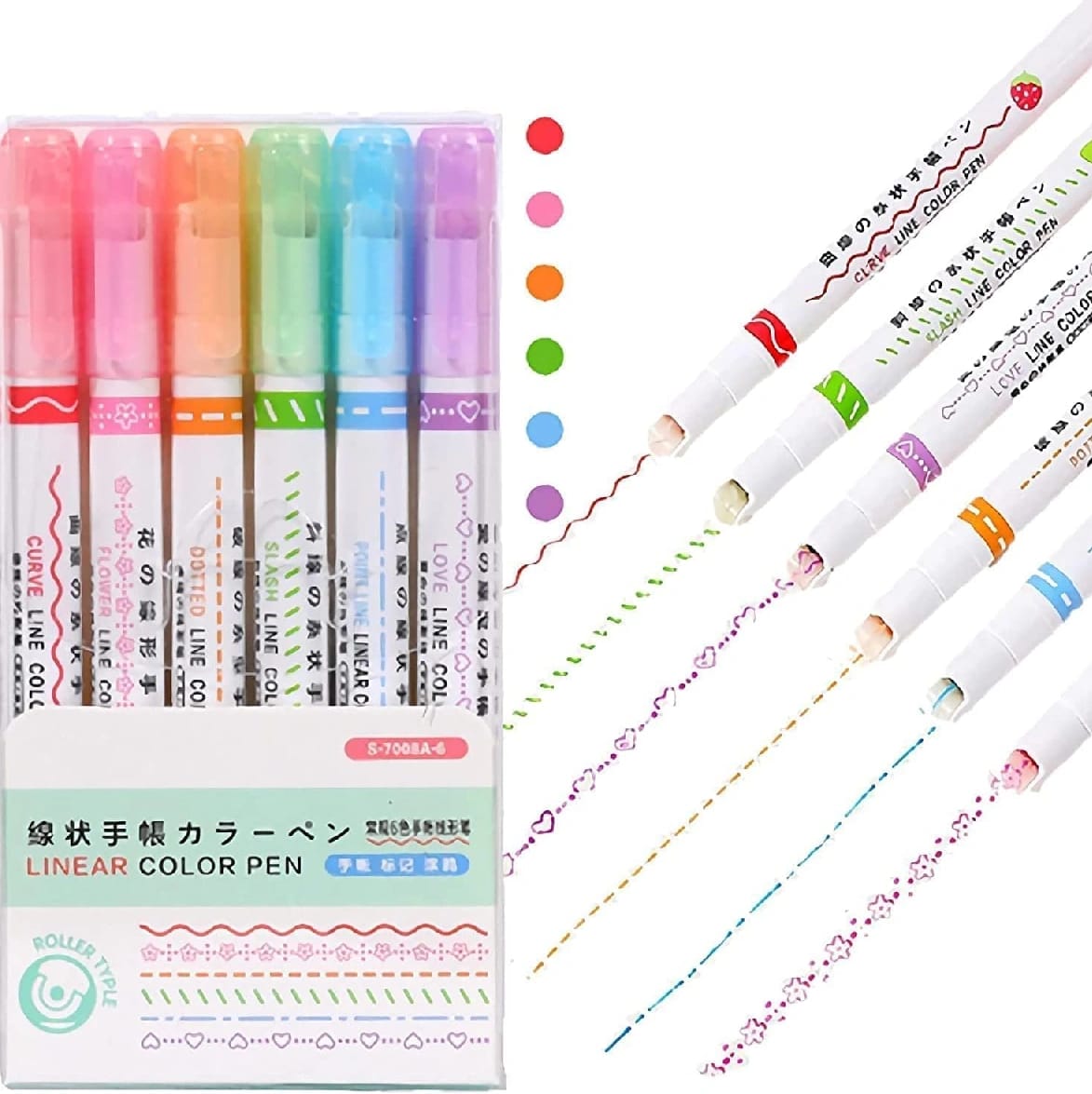 Curve Highlighter Pen Set, 6 Different Curve Shapes Dual Tip Pens, Cute Pattern Colorful Curve Highlighter Pen Writing Markers, For Writing, Drawing - image 1