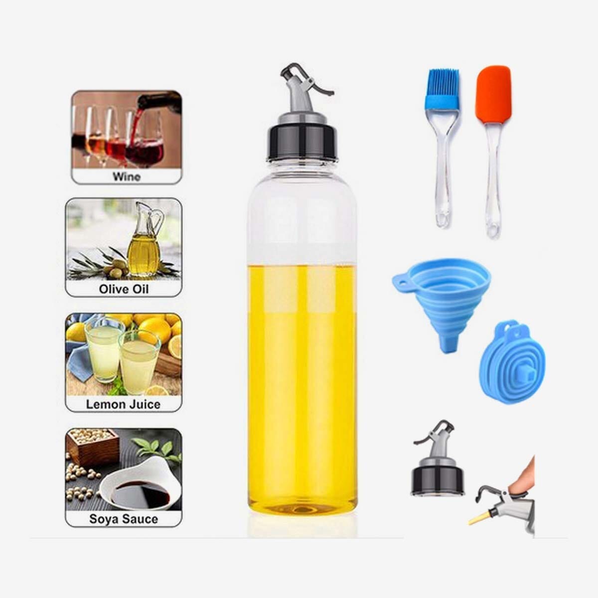 1 Litre Plastic Oil Dispenser Bottle With Silicon Funnel, Oil Brush And Spatula (1 Pc Oil Bottle + 1pc Funnel + 1pc Silicone Oil Brush & Spatula) - image 1