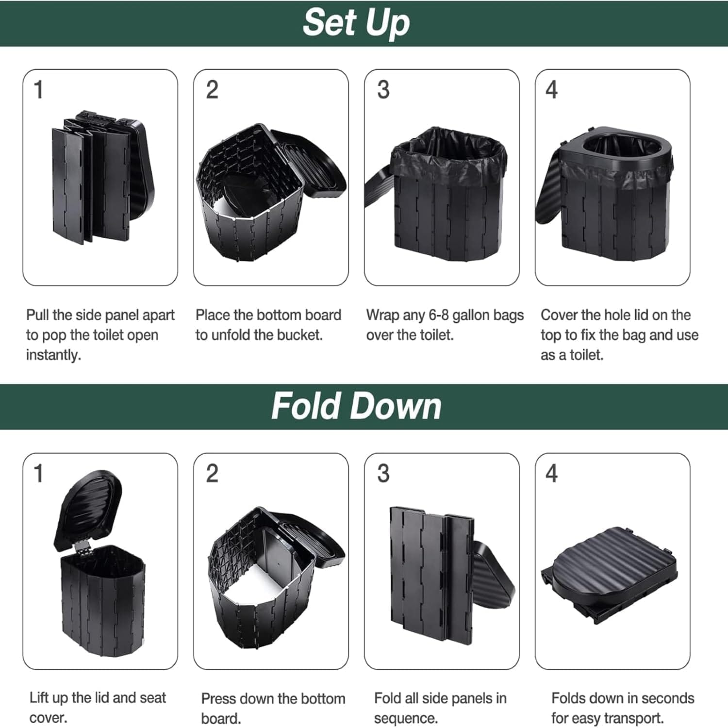 Portable Camping Toilet For Adults - Hapoon XL Portable Folding Toilet With Lid,Travel Portable Potty For Adults,Porta Potty Car Toilet,Black - image 2