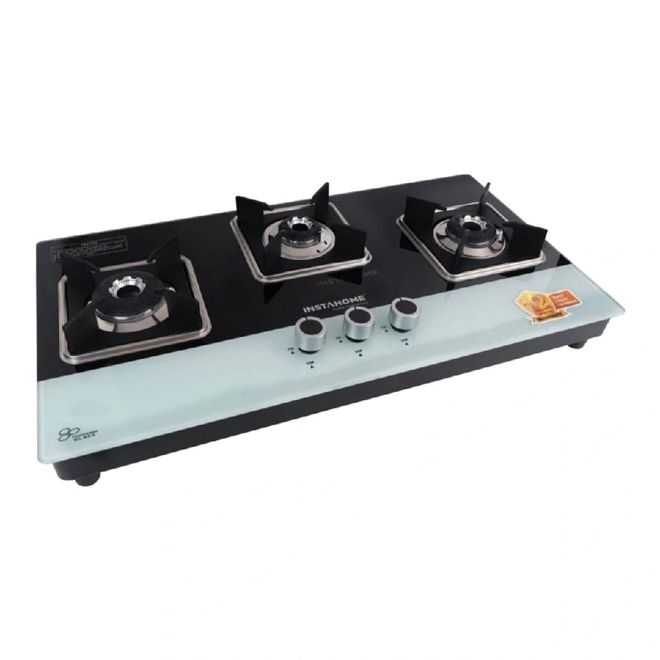 INSTAHOME Royale 3 Burner Square 3 Burner Automatic Gas Stove Extra Thick Glass Top