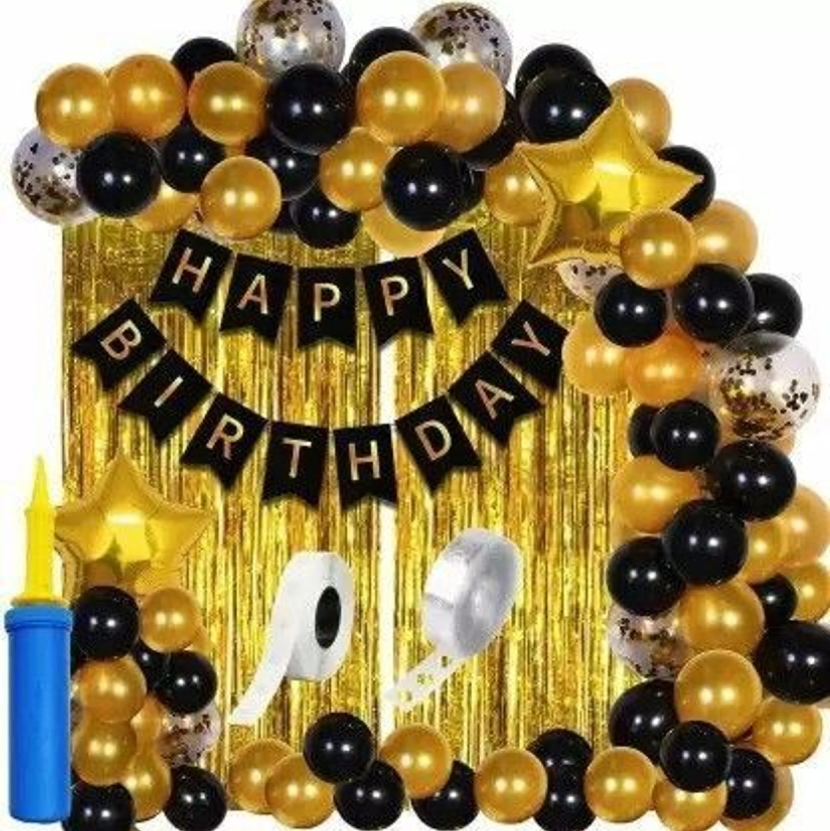 Happy Birthday Decoration Items Kit Combo Set - 61PcsBanner Golden Foil Curtain Metallic Rubber Confetti & Star Balloons With Balloon Pump & Glue Dot - image 1