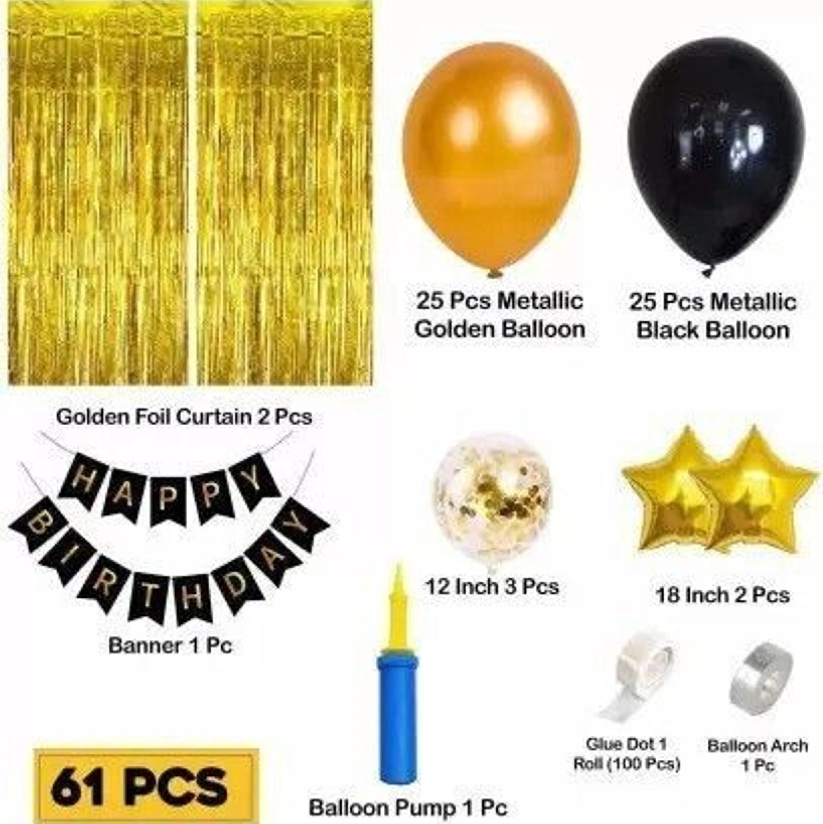Happy Birthday Decoration Items Kit Combo Set - 61PcsBanner Golden Foil Curtain Metallic Rubber Confetti & Star Balloons With Balloon Pump & Glue Dot - image 2