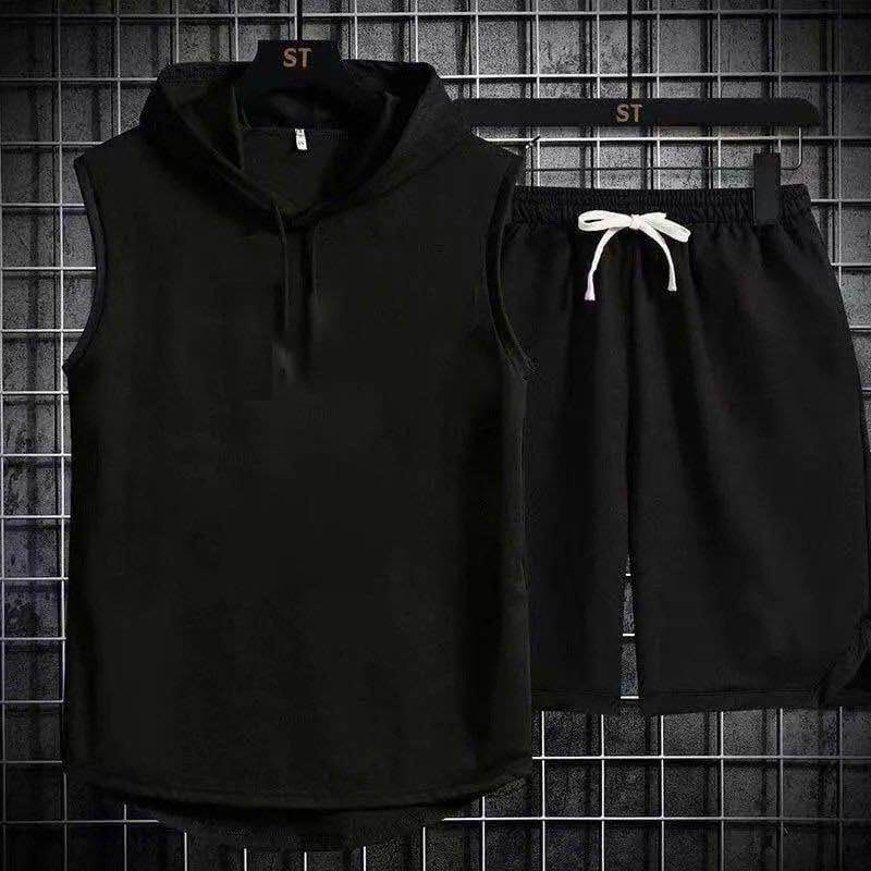 Summer Set of 2- Men's Workout Hooded T-shirt & Half Pant Material:100% Cotton Price-Rs.999 only.( for hoodie and halfpant set) Sleeveless Pullover Hoodie-Style Half Pant - image 1
