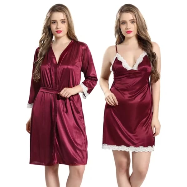 Women Satin Nighty Sleepwear Nightdress Set with Robe Free Size - image 1