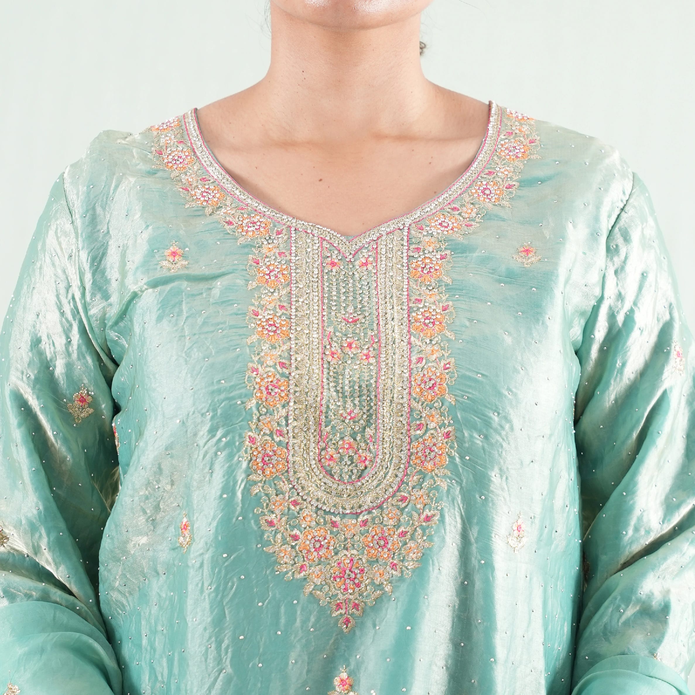 Mint Green Organza Embroidered Sharara Suit Set For Women | Elegant Party Wear Ethnic Dress - image 2