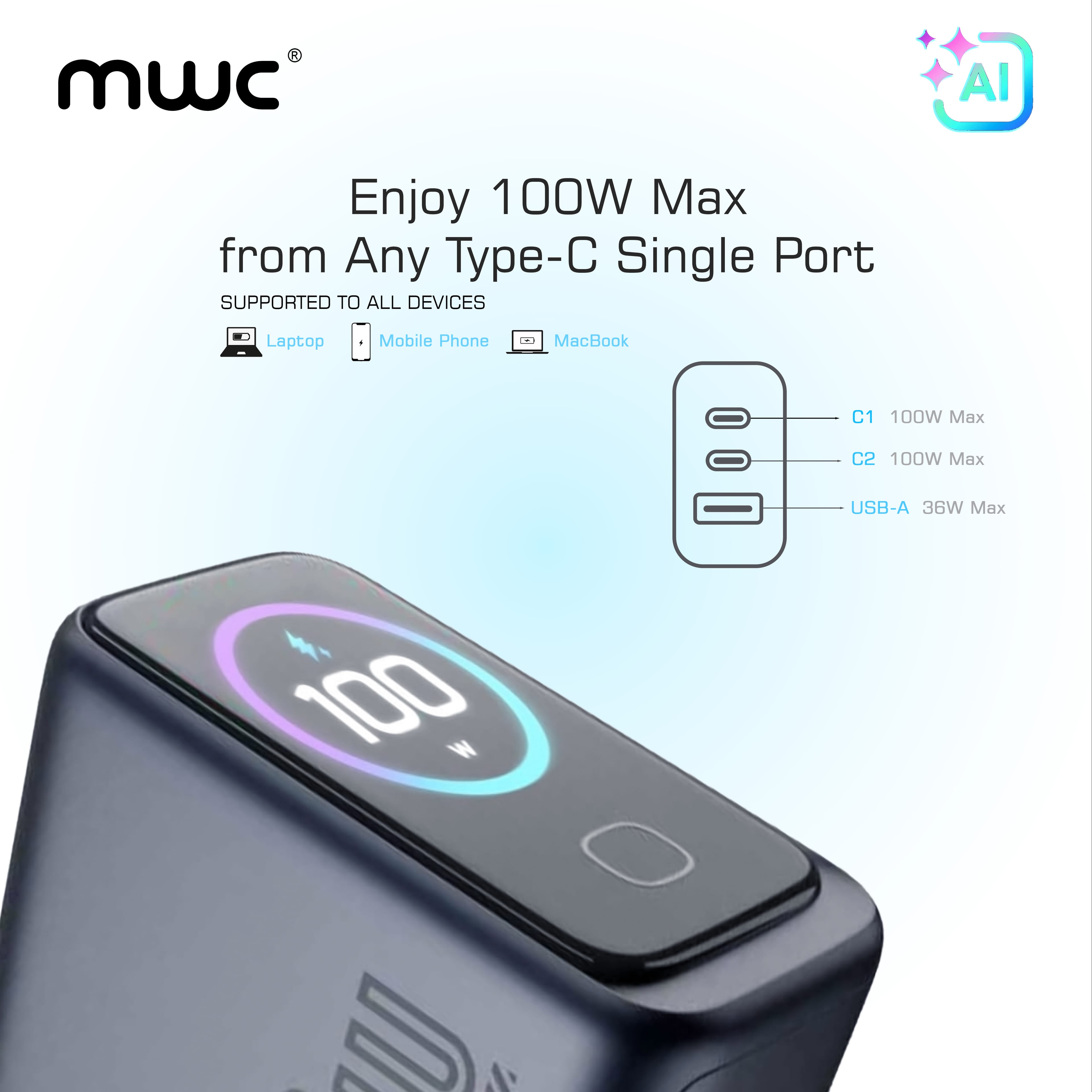 MWC MGF100 Pro | 100W 3-Port Smart AI Premium Charger | GaN Charger With AI Display & Touch Control | Upto 100W Single-Port Charging | 12 Layers Of Safety Protection | Supported For Macbook, Laptop & Mobile Phones. - image 3