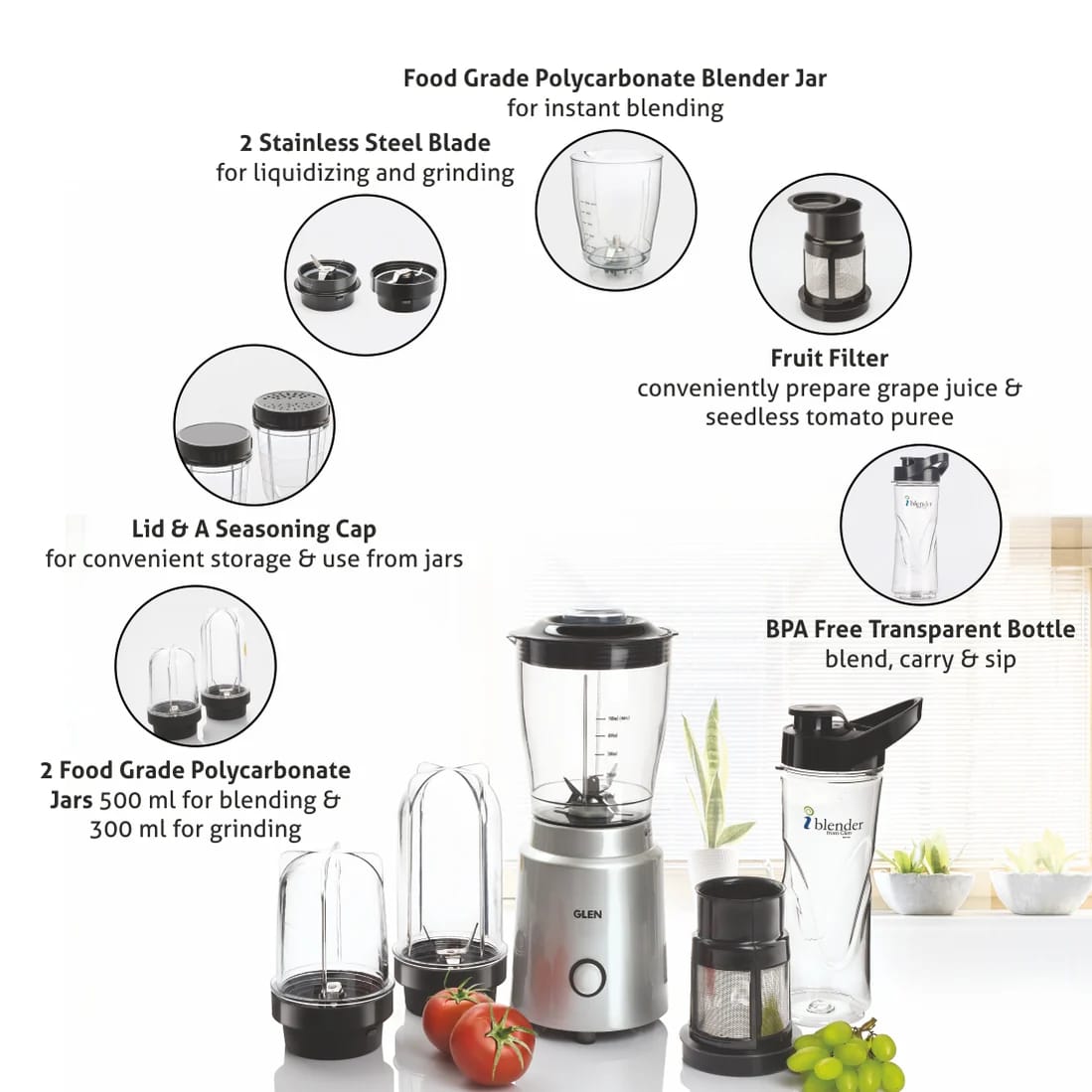 Glen Active-Blender Multi Fuction, 350W, 20000 RPM Mixer, Grinder, Blender, Juicer, 1 Bottle and 3 Jars (4048 NMF) - image 2