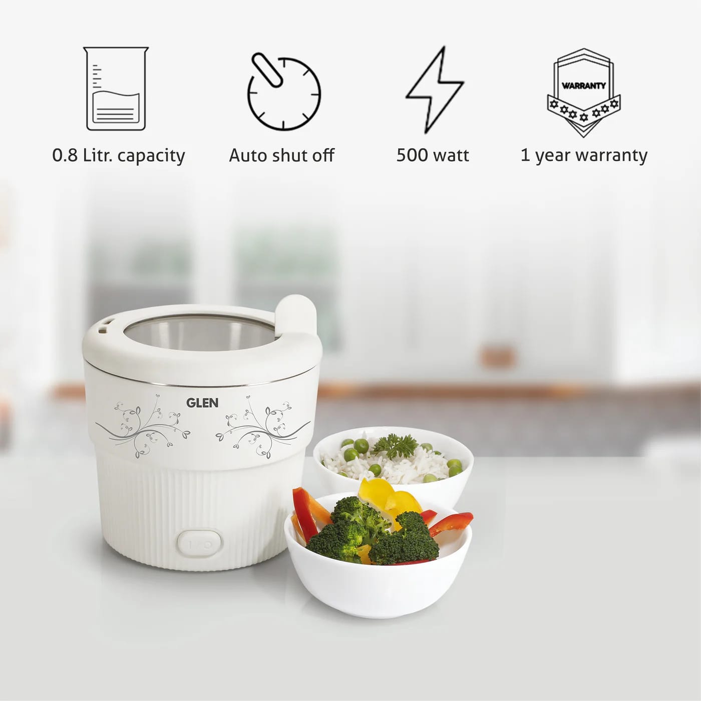 Glen Electric Mini Cooker, 0.8 Litre Steam, Cook & Boil 500W- White and Red , 1 Year warranty (3054) - image 4
