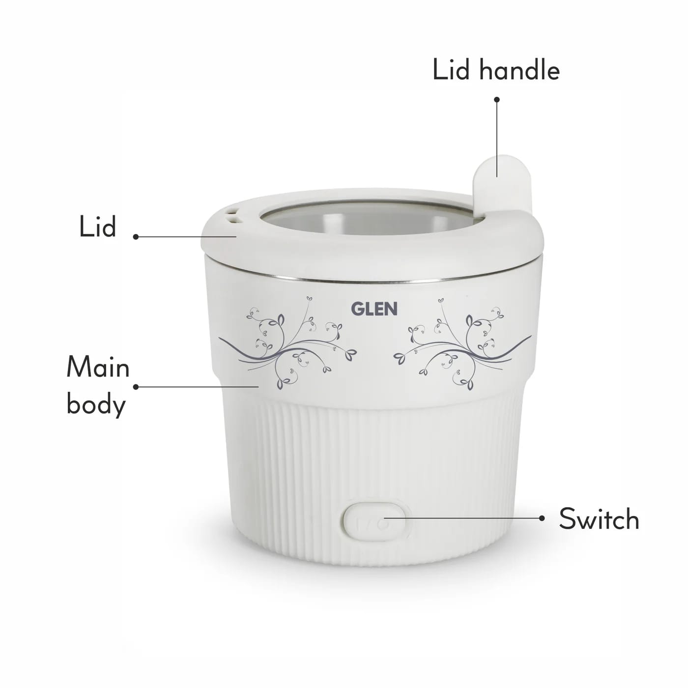 Glen Electric Mini Cooker, 0.8 Litre Steam, Cook & Boil 500W- White and Red , 1 Year warranty (3054) - image 5
