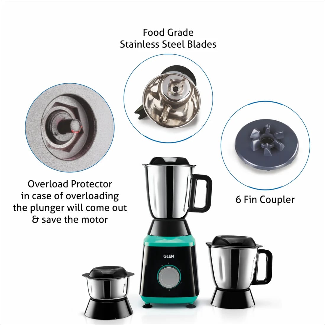 Glen Mixer Grinder 750W 100% Copper Motor, 3 Stainless Steel Liquidiser, Grinder, Chutney Jars - Black & Green, 1 Year warranty (4030) - image 2