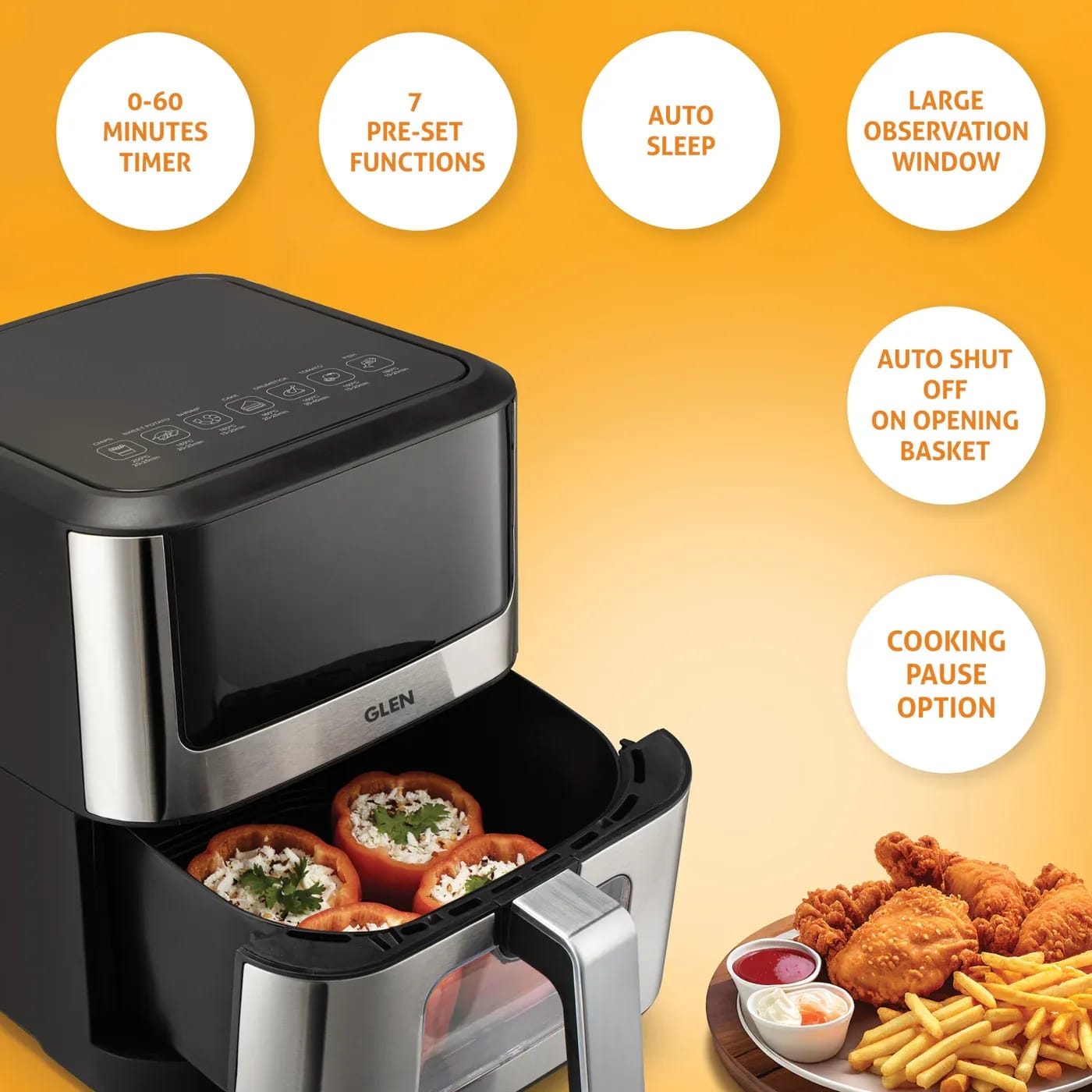 Glen Air Fryer, 6.0 Litre Digital Controls, 7 Pre Set Menu Timer, Temperature Control, 1500W -Black & Silver (3043 DSS) - image 2