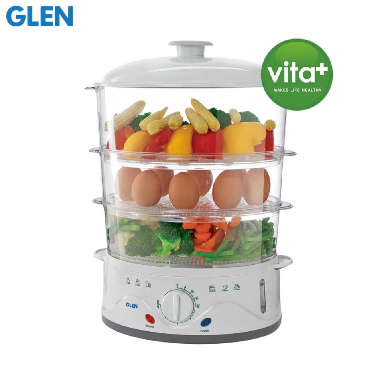 Glen Electric Food Steamer 900w with 60 minute Timer, 3 Food Grade Containers - white, 1 Year Warranty (3052) - image 1