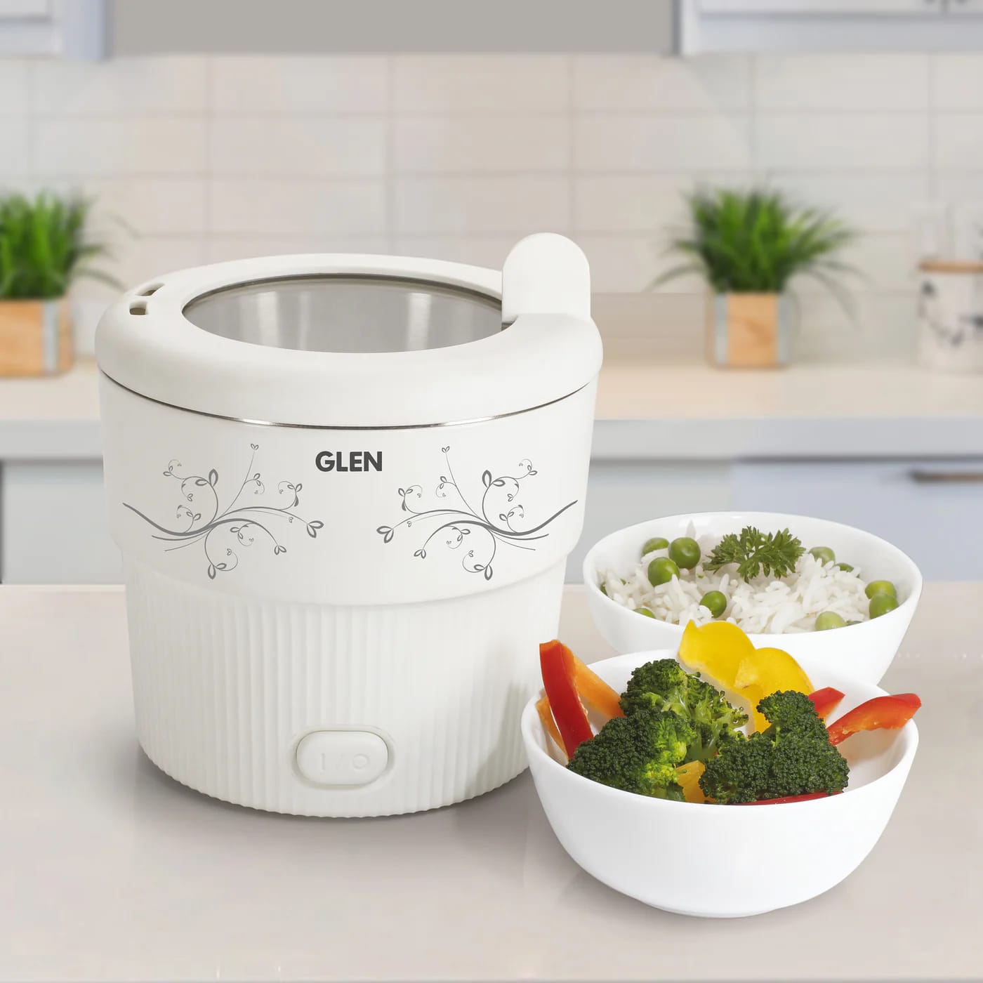 Glen Electric Mini Cooker, 0.8 Litre Steam, Cook & Boil 500W- White and Red , 1 Year warranty (3054) - image 2