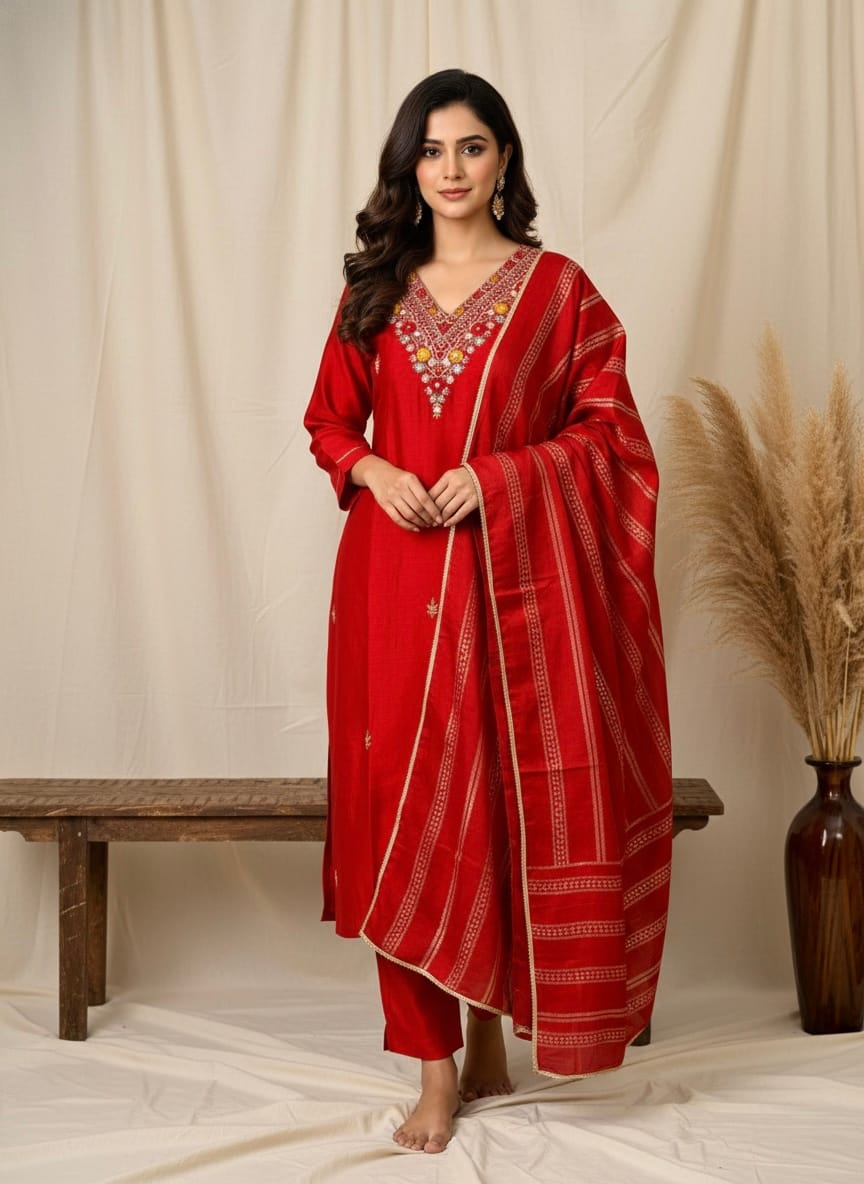 Vichitra (Art) Silk Neckline Hand Work with Banarasi Dupatta for Women - image 3