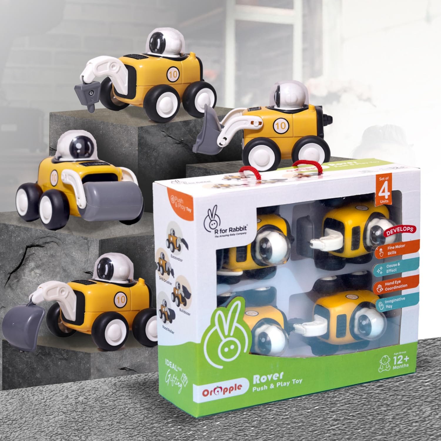 R for Rabbit Orapple Rover 4-Piece Mini Construction Vehicle Set for Kids(12mnths+), ORORYB01 - image 1