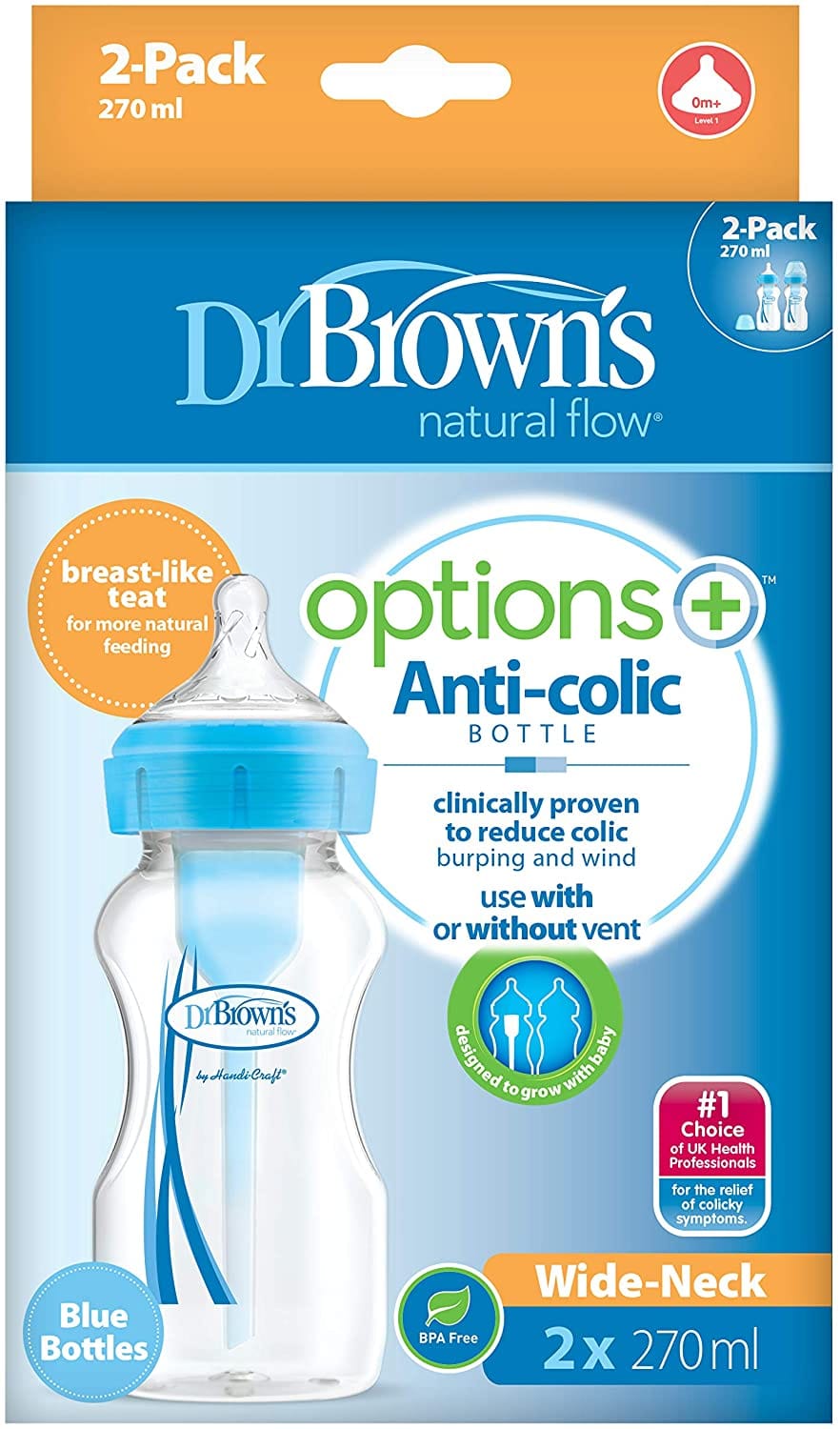 Dr. Brown's Wb92602-Esx 9 Oz/270 Ml Options+ Wide-Neck Bottle Pp Blue 2-Pack - image 2