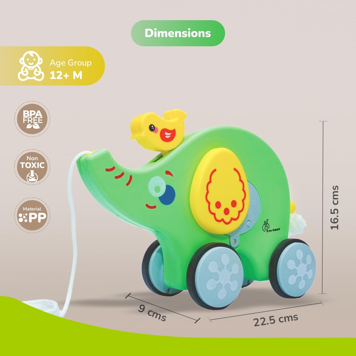 R for Rabbit Orapple Trunky Fun & Safe Musical Pull-Along Toy for Toddlers(1-3yrs), OROTGY01 / OROTRB01 - image 3