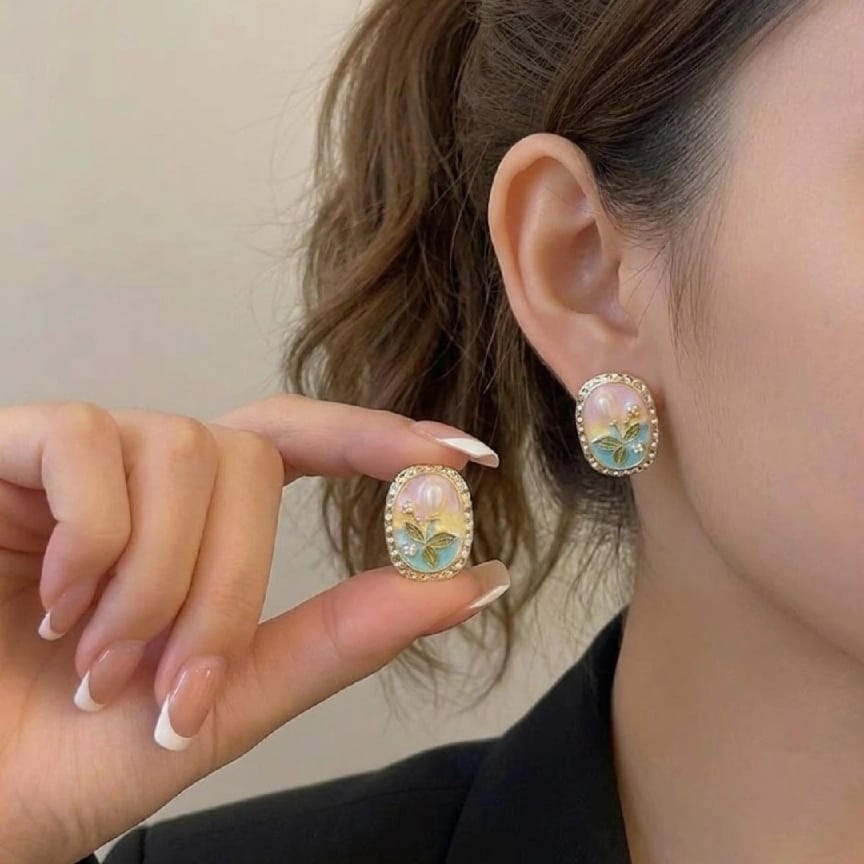 The Diva Box “Enchanted Garden” Rose & Baroque Pearl Stud Earrings – Vintage Oil Painting Style Enamel Floral Jewelry for Women - image 3