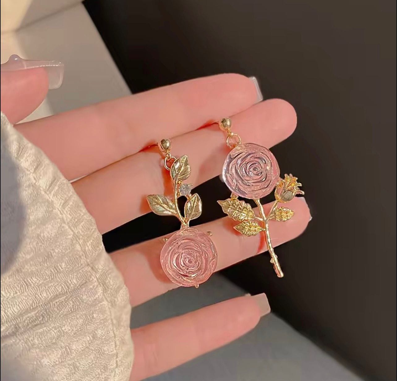 Pink Crystal Rose Asymmetric Drop Earrings - image 2