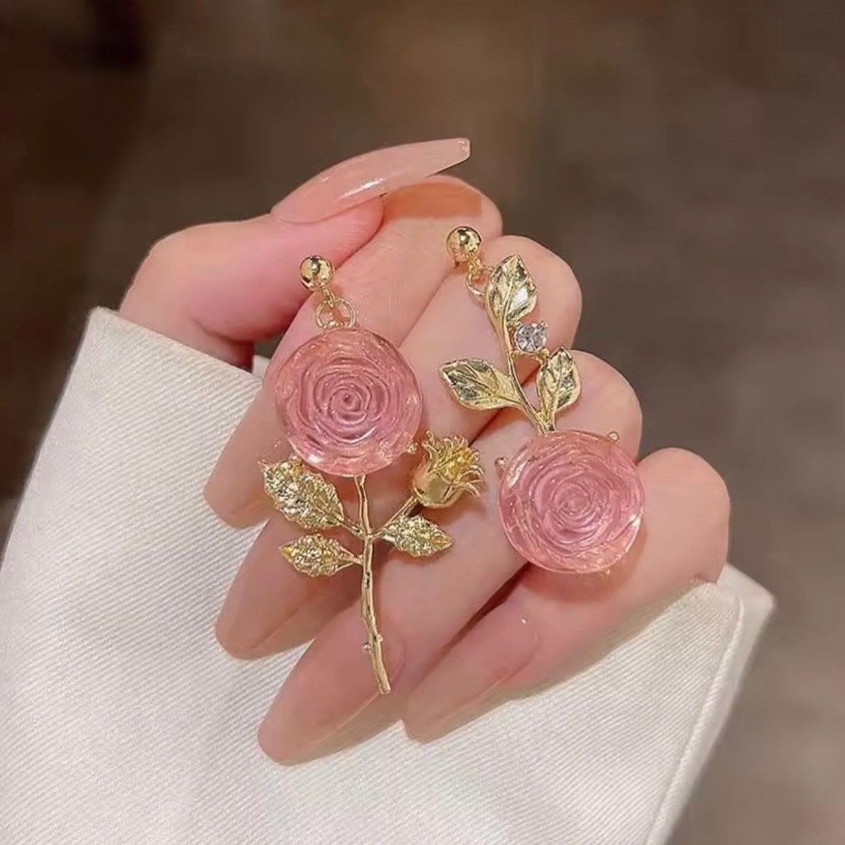Pink Crystal Rose Asymmetric Drop Earrings - image 3