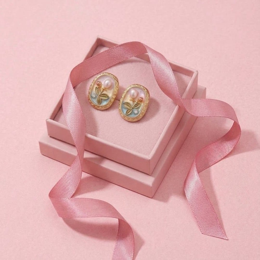 The Diva Box “Enchanted Garden” Rose & Baroque Pearl Stud Earrings – Vintage Oil Painting Style Enamel Floral Jewelry for Women - image 2
