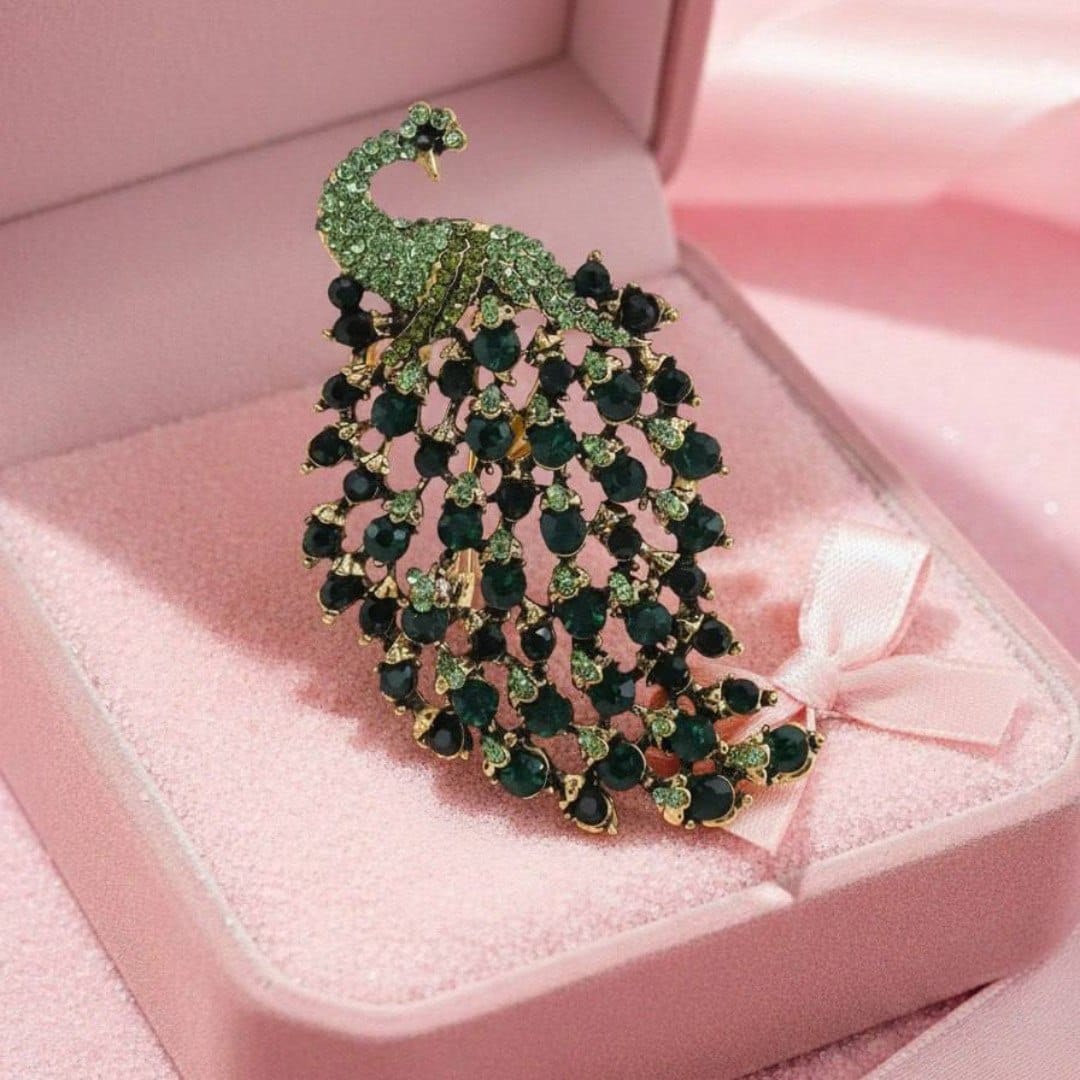 The Diva Box “Emerald Majesty” Vintage-Style Green Peacock Brooch – Elegant Rhinestone Statement Pin for Women - image 1
