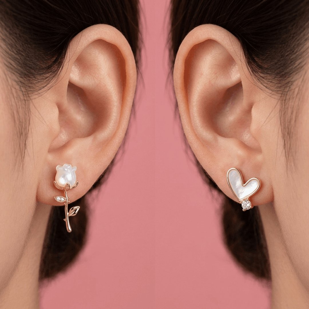 Trendy Gold-Plated Rose, Heart Asymmetrical Stud Earrings - image 2