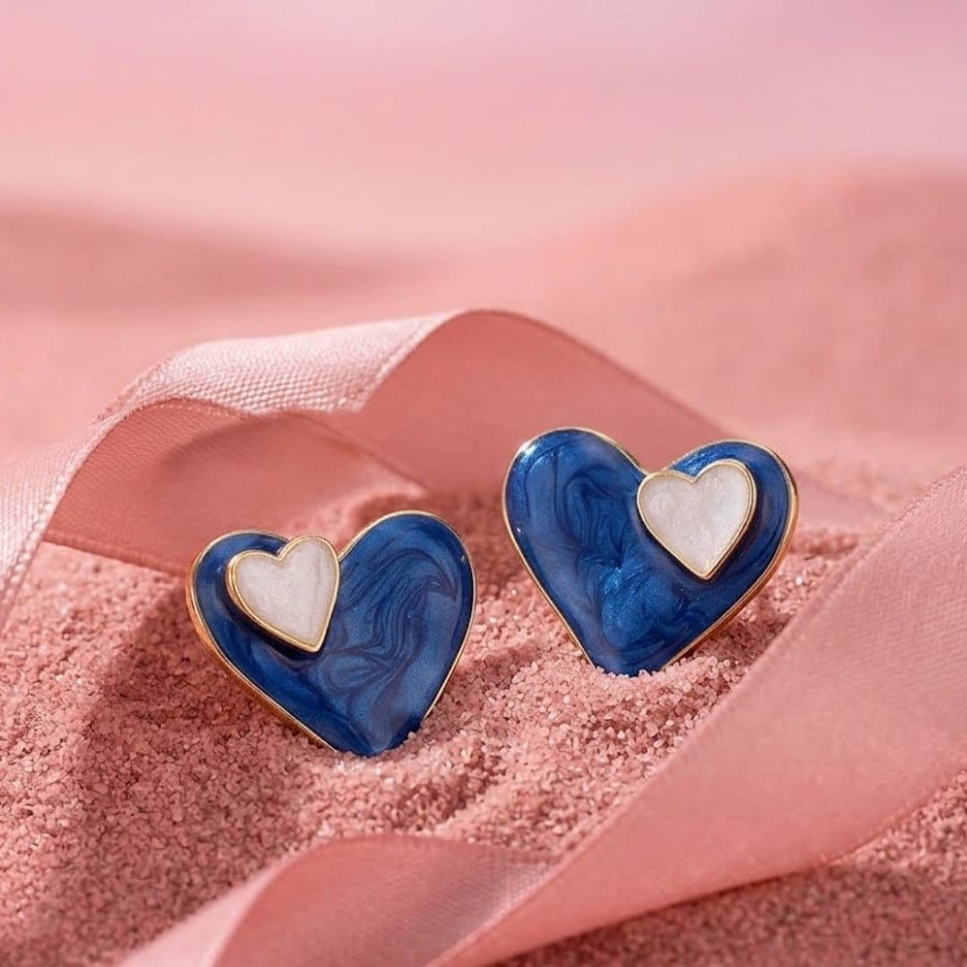 The Diva Box French Style Vintage Heart-Shaped Stud Earrings – Unique Blue & White Enamel Retro Jewelry for Women - image 1