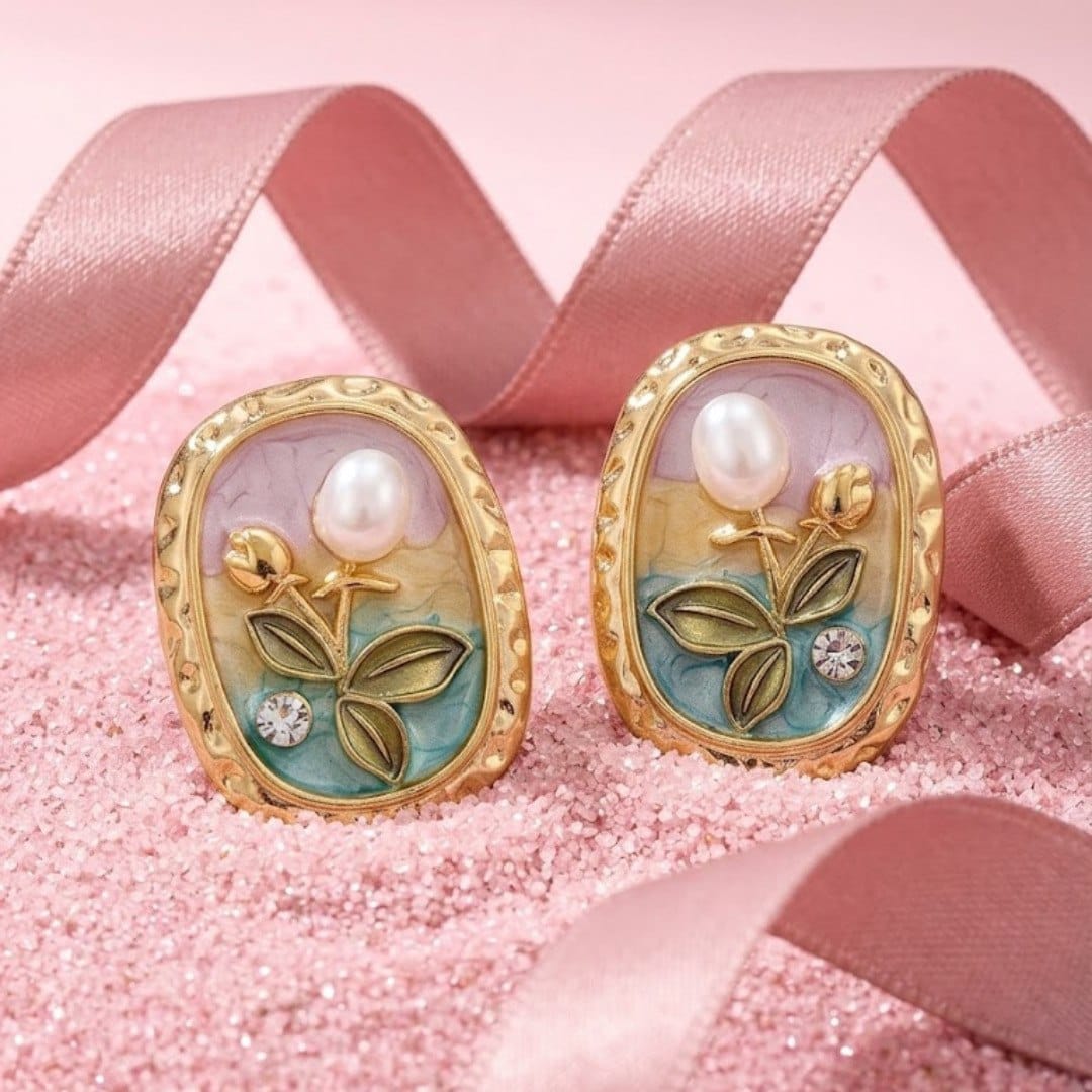 The Diva Box “Enchanted Garden” Rose & Baroque Pearl Stud Earrings – Vintage Oil Painting Style Enamel Floral Jewelry for Women - image 1