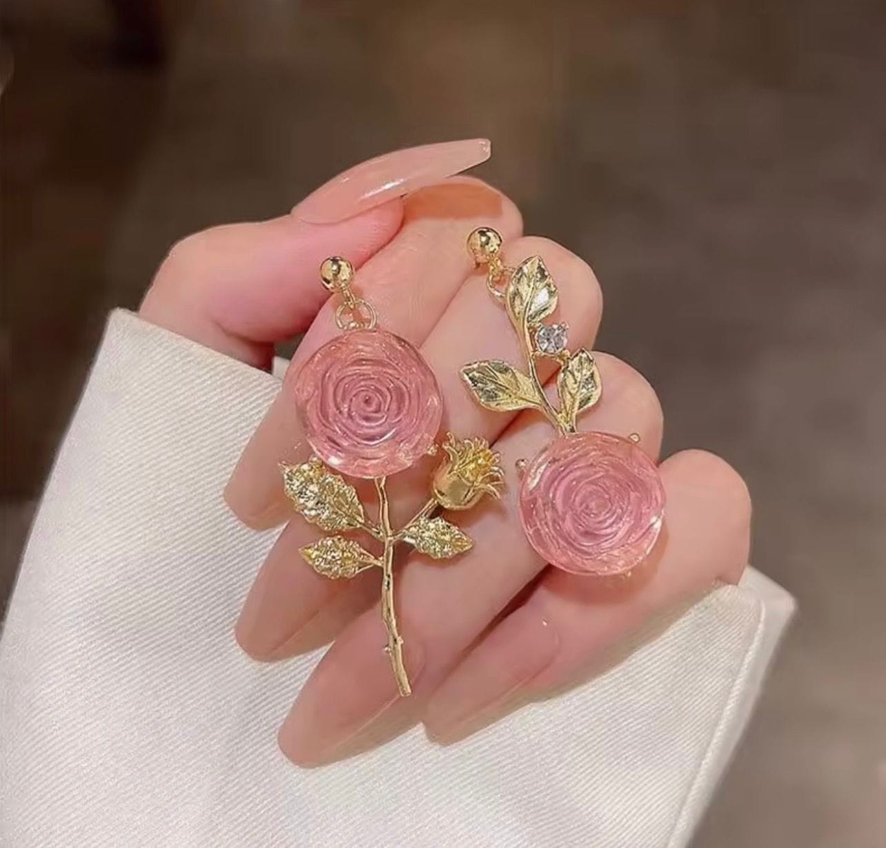 Pink Crystal Rose Asymmetric Drop Earrings - image 1