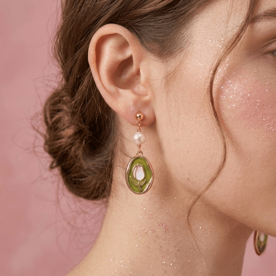 Gold-Plated Tulip & Pearl Drop Earrings . - image 2