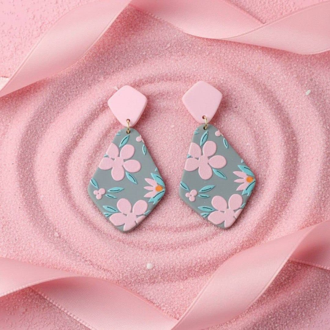 The Diva Box “Petal & Slate” Pink Floral Diamond Dangle Earrings – Handmade Style Matte Finish Geometric Jewelry for Women - image 1