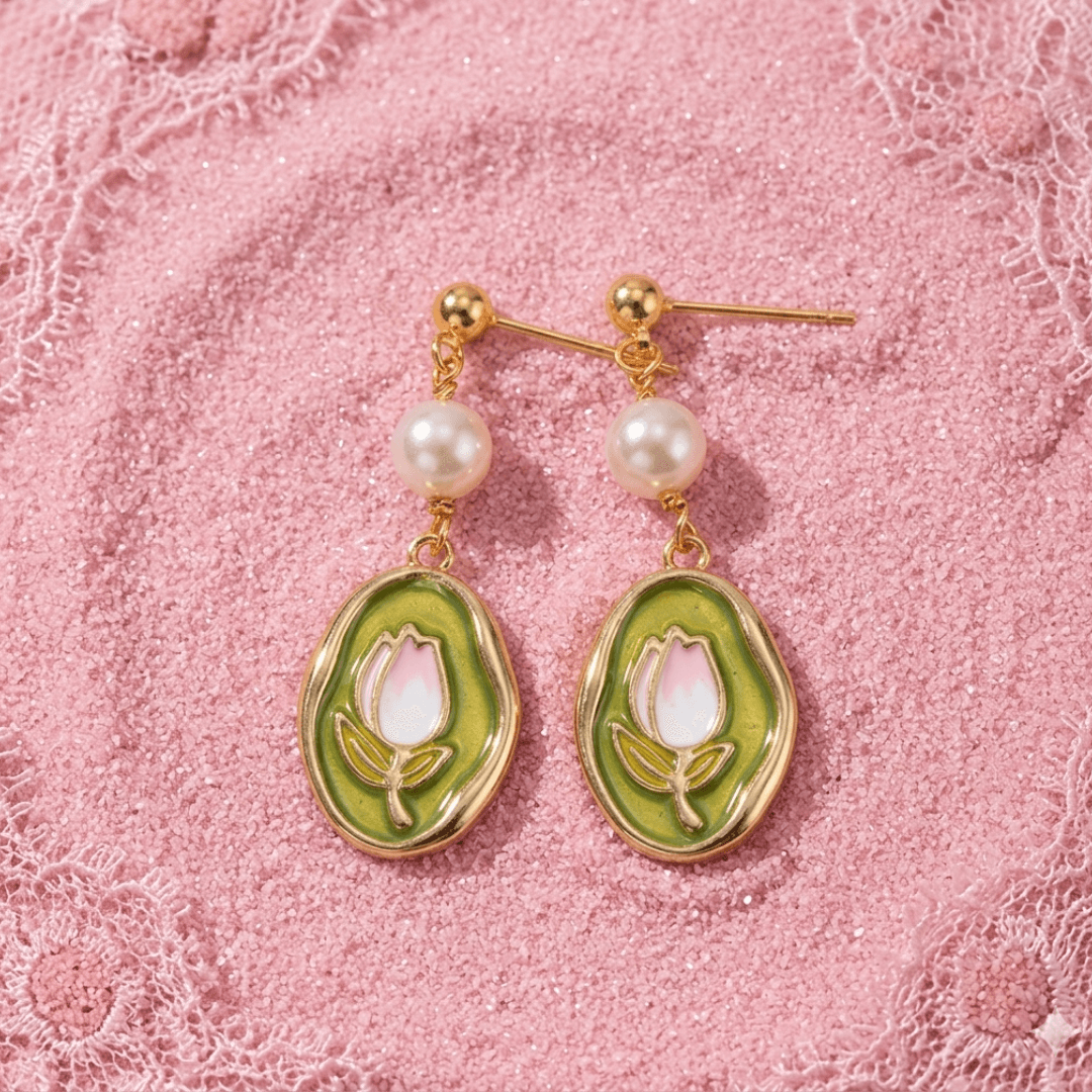 Gold-Plated Tulip & Pearl Drop Earrings . - image 1