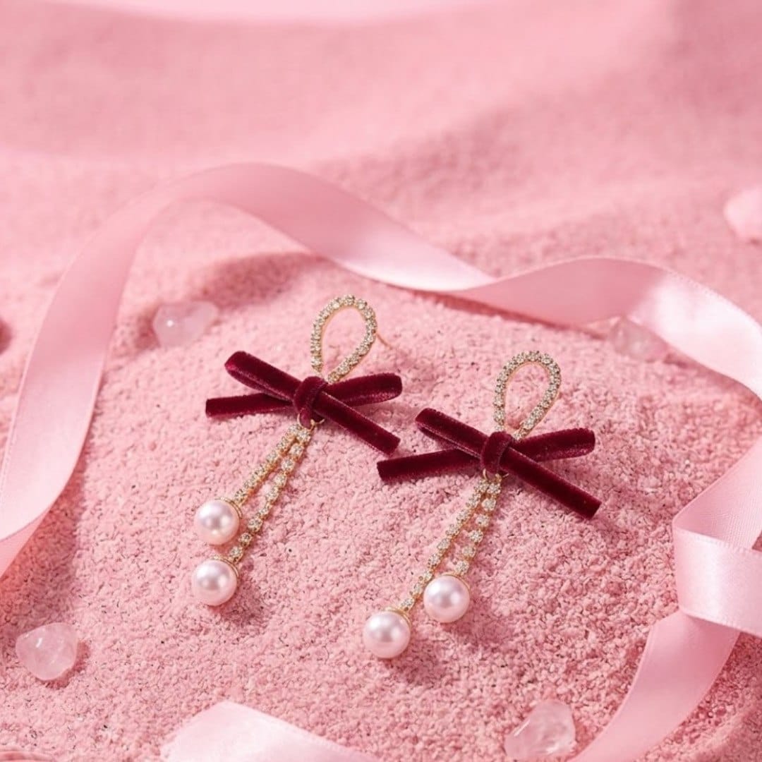 The Diva Box Chinese Red Series Bow Tassel Earrings – Silver Needle Zircon & Pearl Chain Pendant Dangles for Women - image 1