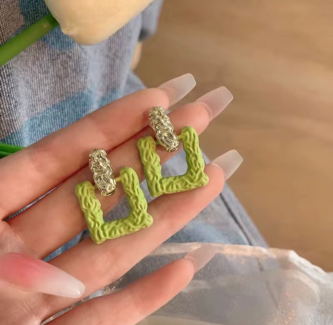 Trendy Geometric Square Green Drop Earrings - image 2