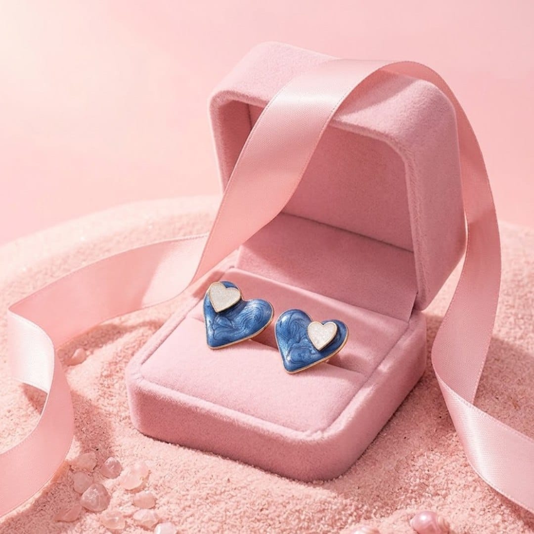 The Diva Box French Style Vintage Heart-Shaped Stud Earrings – Unique Blue & White Enamel Retro Jewelry for Women - image 2
