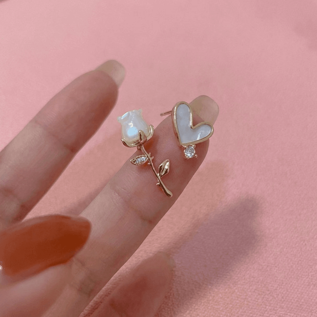 Trendy Gold-Plated Rose, Heart Asymmetrical Stud Earrings - image 3