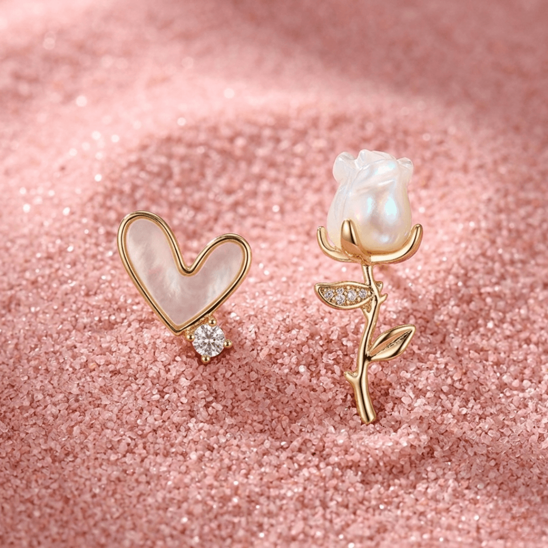 Trendy Gold-Plated Rose, Heart Asymmetrical Stud Earrings - image 1