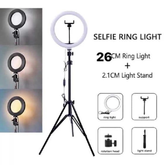 26cm LED Selfie Ring Light With 5ft Tripod Stand Phone Holder 3 Light Modes Dimmable Kit - image 5