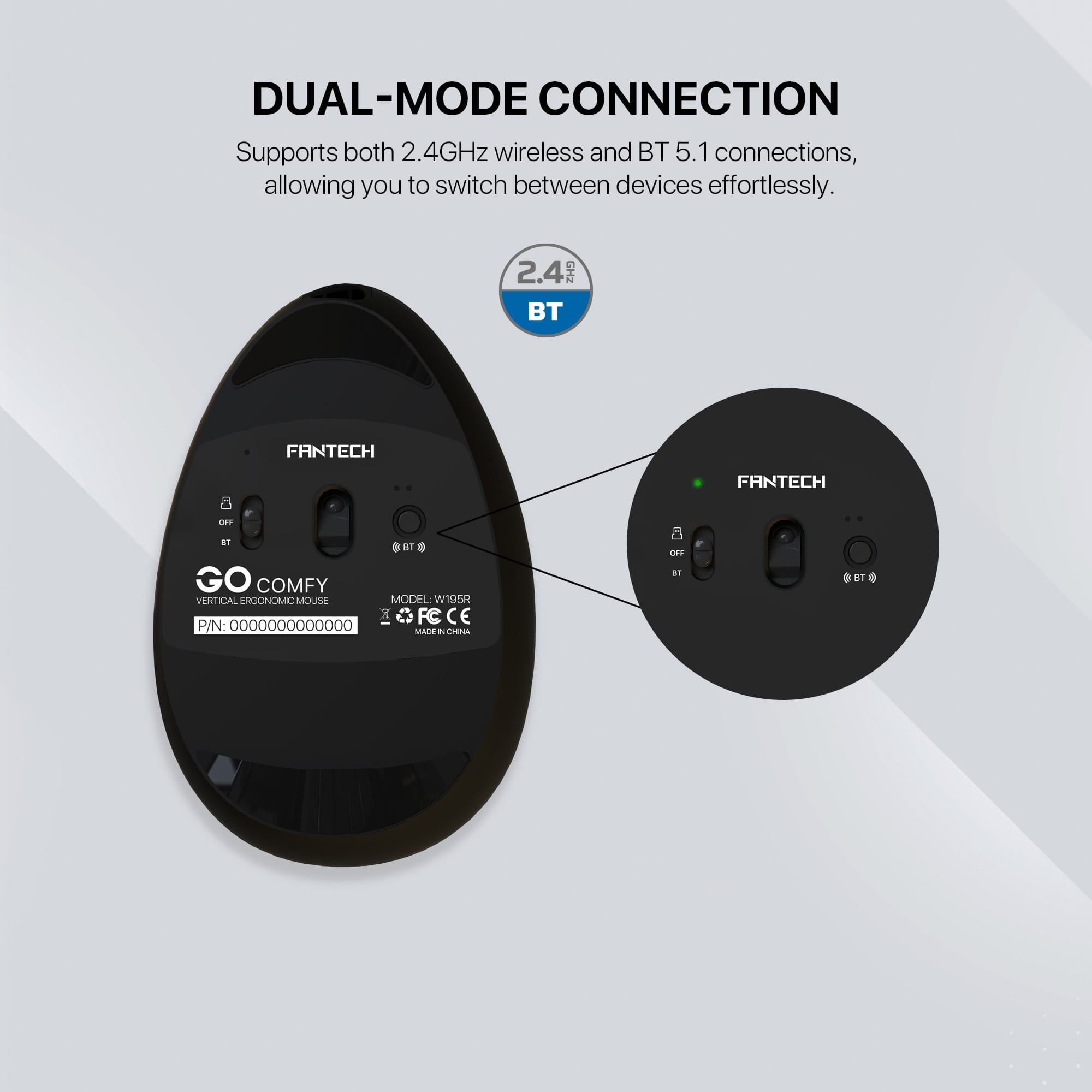 Fantech W195R GO Comfy Mouse Vertical Ergonomic Design Wireless & Bluetooth Connection Compact Mouse - image 2