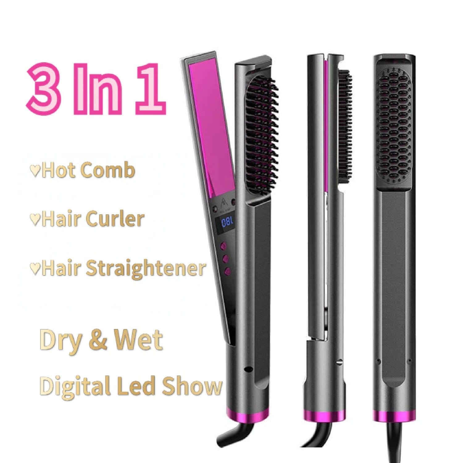 3 In 1 Hot Comb Multifunctional Hair Straightener Iron Anti-Scald Hair Straightening Brush Heat Comb Fast Heating Hair Curler - image 2