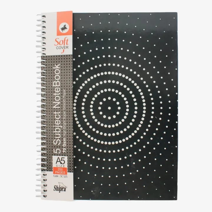 Black Shipra A5 Soft Cover 5 Subject Note Book / Diary | Shipra SC 5225 Black Cover 100 Sheet Notebook - image 2