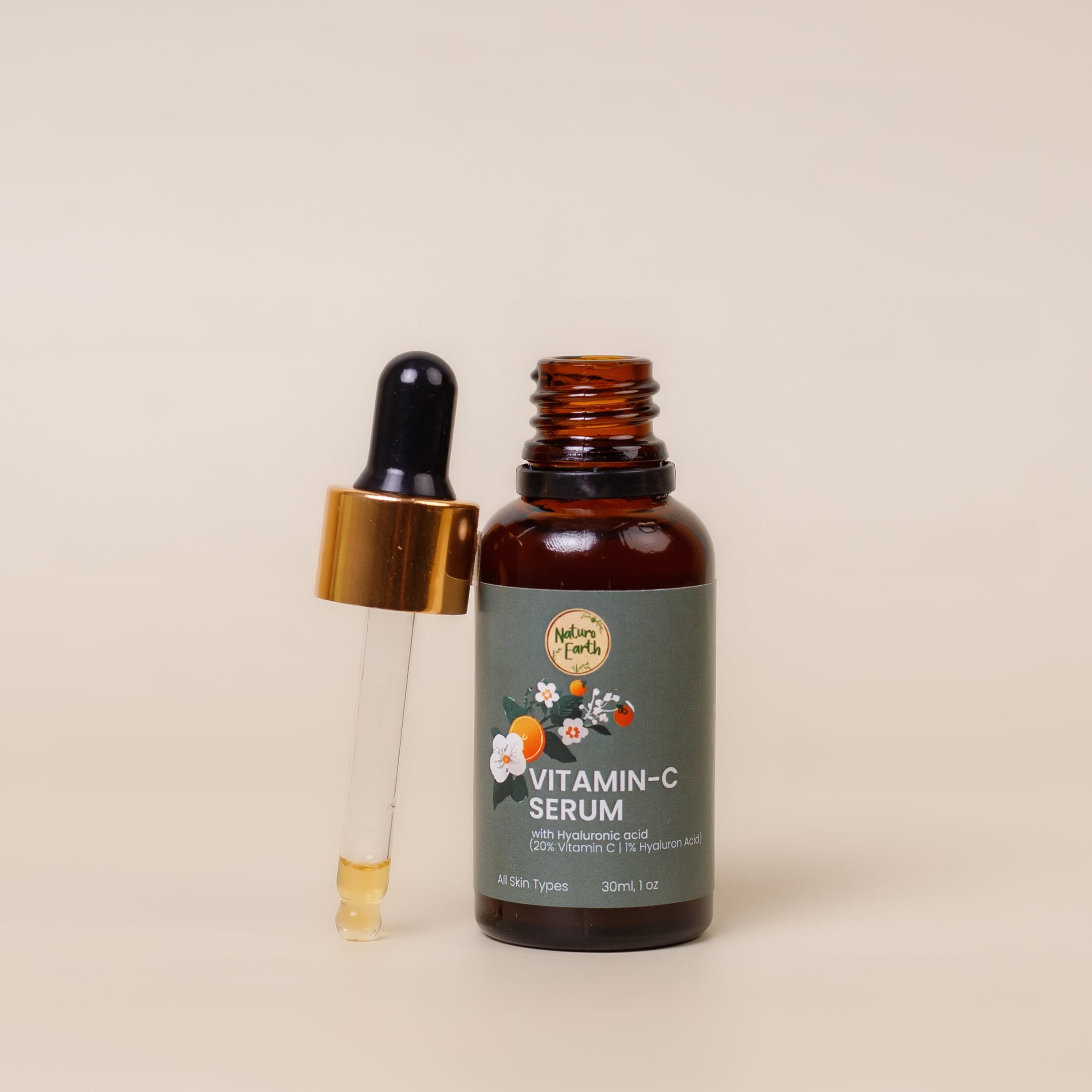 Naturo Earth Vitamin C Serum With 20% Vitamin C And 1% Hyaluronic Acid - All Natural Antioxidant Facial Serum For A Radiant And Even Skin Tone - 30ml - image 1