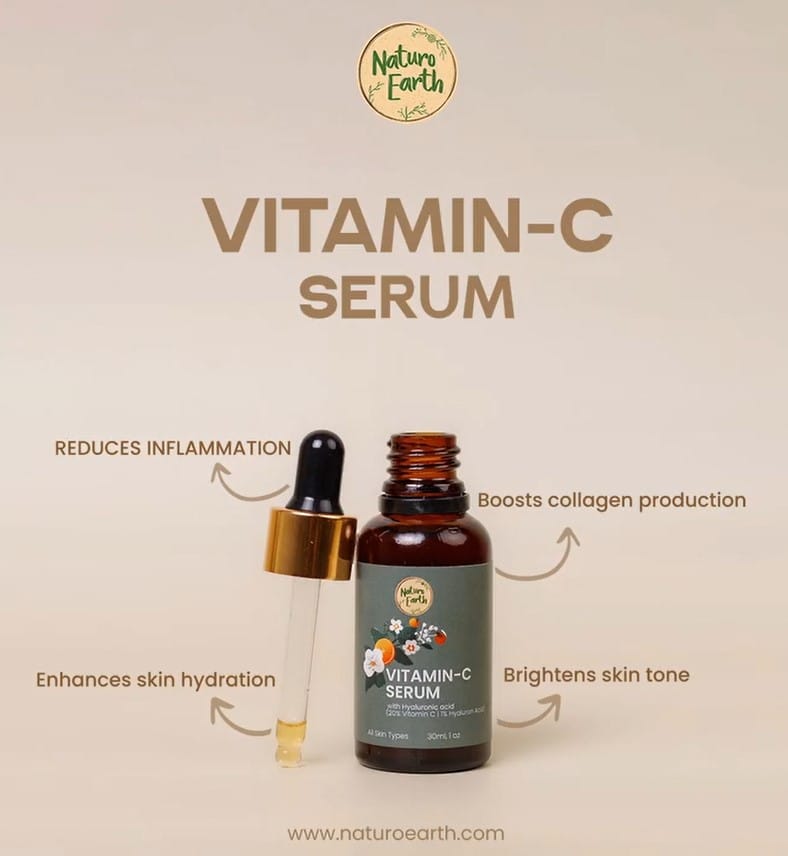 Naturo Earth Vitamin C Serum With 20% Vitamin C And 1% Hyaluronic Acid - All Natural Antioxidant Facial Serum For A Radiant And Even Skin Tone - 30ml - image 3