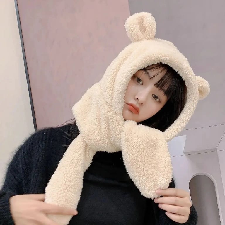 2 In 1 Cute Lamb Plus Teddy Bear Ears Mitten Muffler Hat Winter Furry Scarf Warm Cap For Women'S - image 2