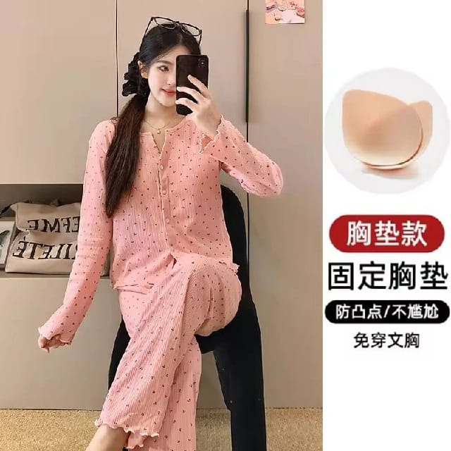 Spring Autumn Women'S Casual Simple Comfortable Cotton Pajamas New With Fixed Chest Pad Shorts Three-Piece Set Sleepwear - image 1