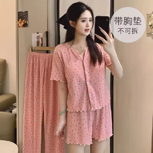 Spring Autumn Women'S Casual Simple Comfortable Cotton Pajamas New With Fixed Chest Pad Shorts Three-Piece Set Sleepwear - image 4