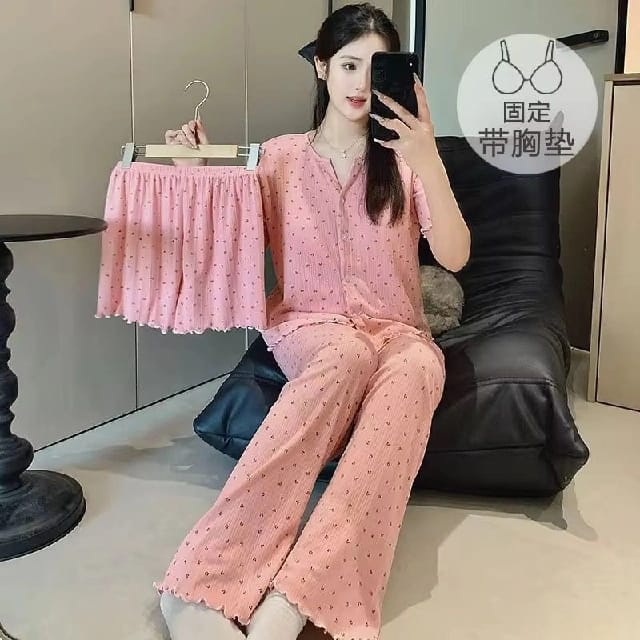 Spring Autumn Women'S Casual Simple Comfortable Cotton Pajamas New With Fixed Chest Pad Shorts Three-Piece Set Sleepwear - image 2